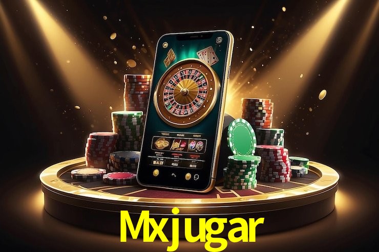 Escena dinámica inspirada en casino con iluminación Mxjugar, cartas, fichas e íconos de juegos digitales en un espacio moderno de juegos.