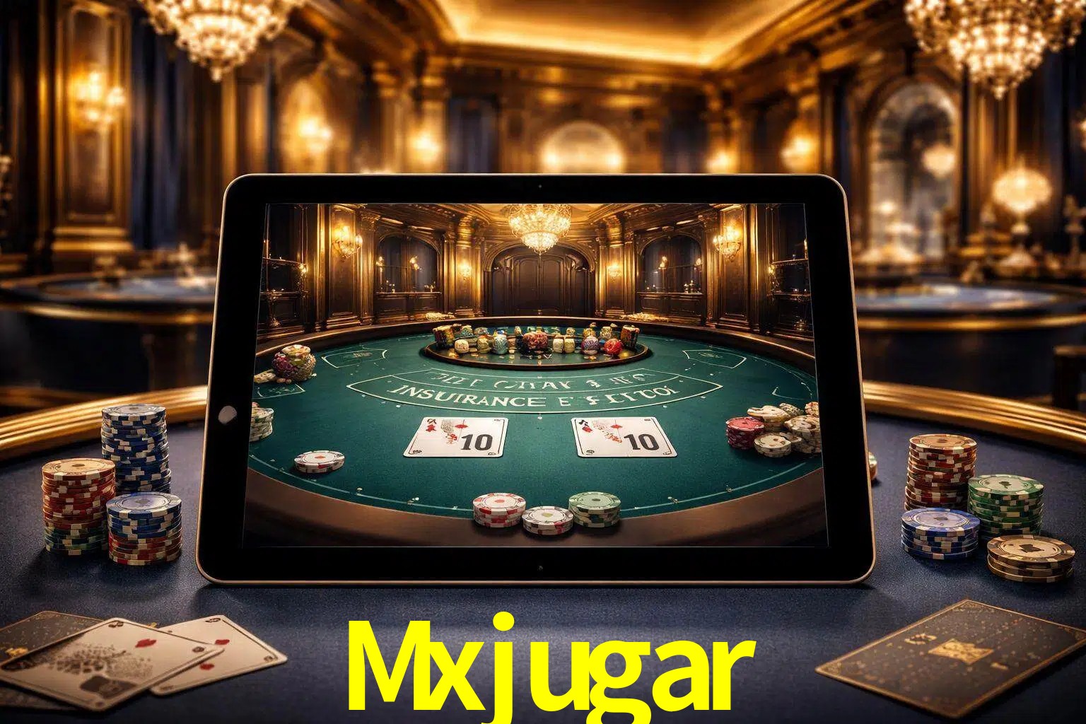 Configuración moderna de casino en vivo con una tableta mostrando una mesa de blackjack, luces cálidas de estudio y una atmósfera elegante de juegos digitales.