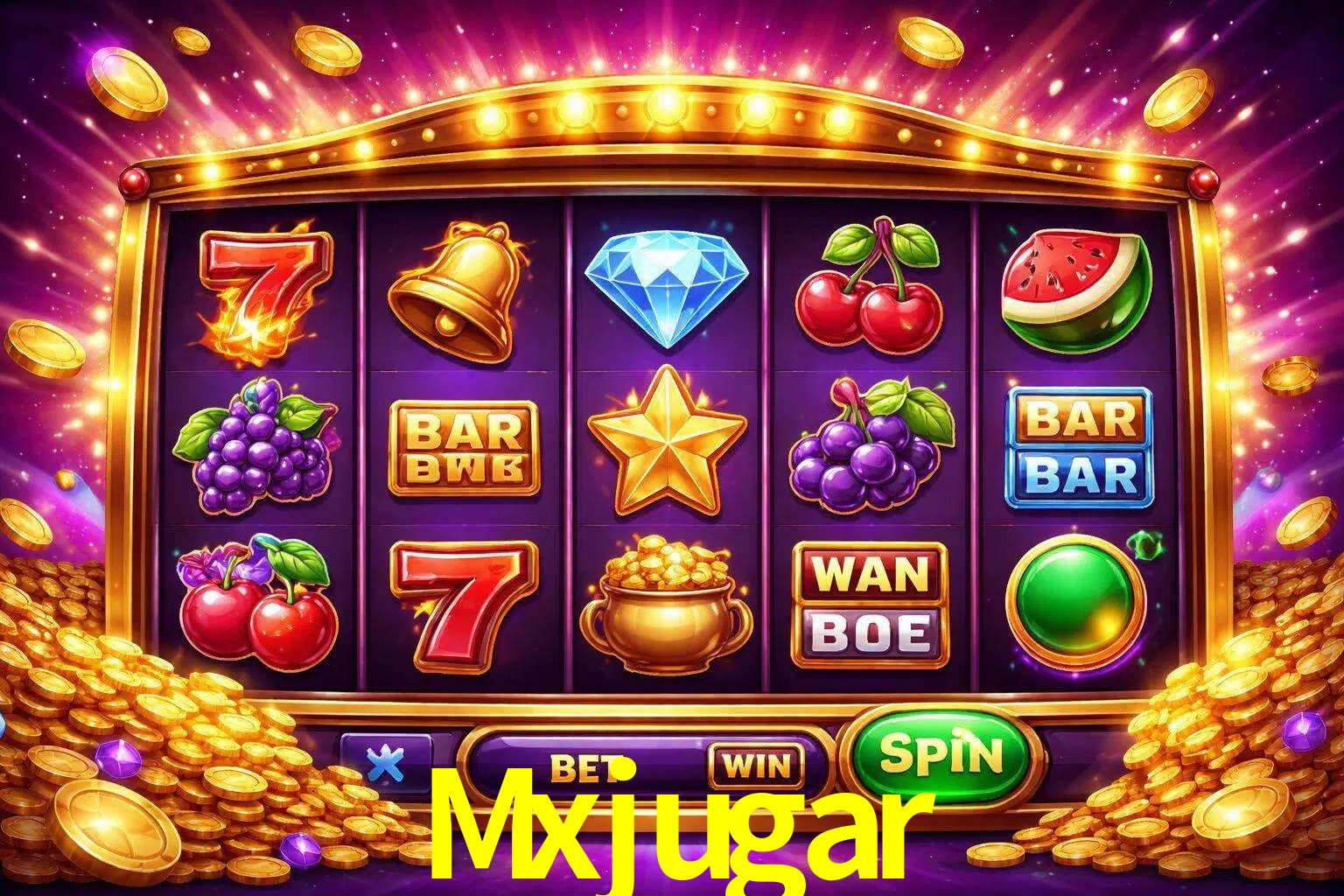 Una interfaz colorida de tragamonedas en línea con símbolos brillantes, monedas y un efecto de victoria celebratoria en Mxjugar.