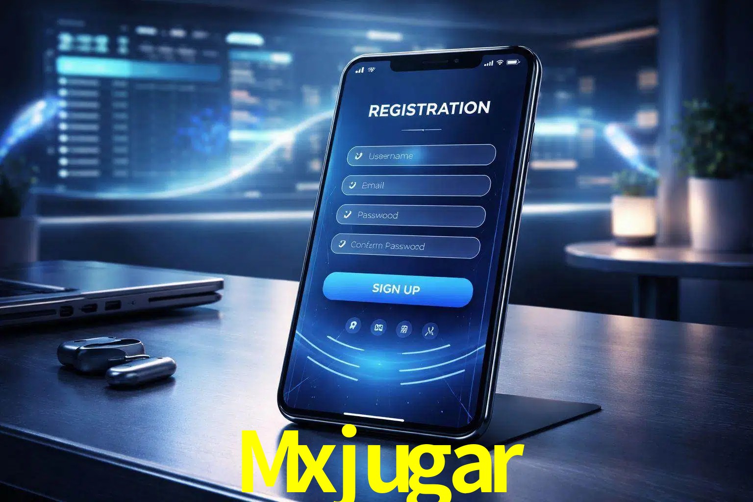 Una interfaz moderna de registro móvil para Mxjugar mostrada en un smartphone con un panel de apuestas elegante.